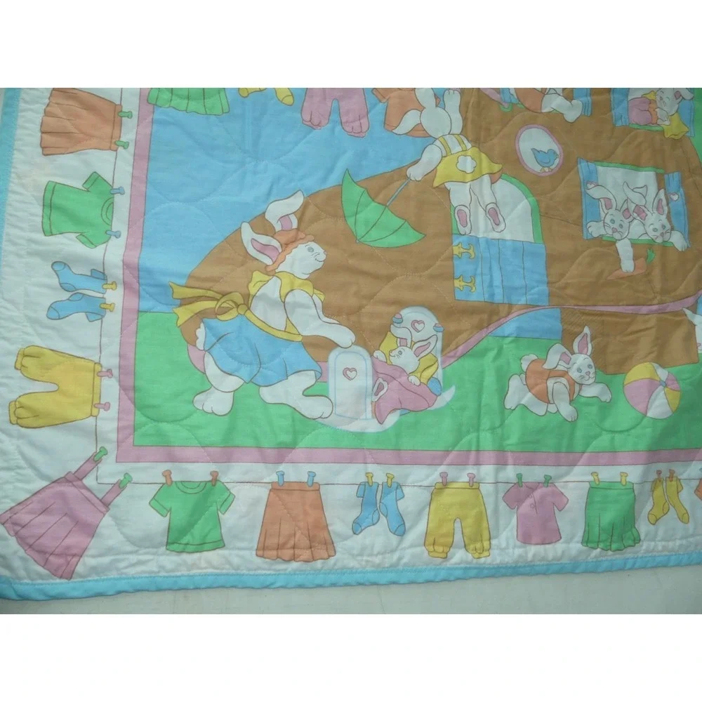 Vtg Nursery‎ Rhyme Childs Quilt Old Woman in Shoe Rabbits Blanket Clothesline